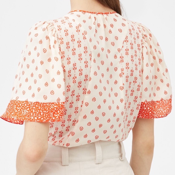 ✨NWT✨ REBECCA TAYLOR Silk Top Lily Block Print Blouse in Tomato Sz US 2 (XS) - Picture 4 of 12